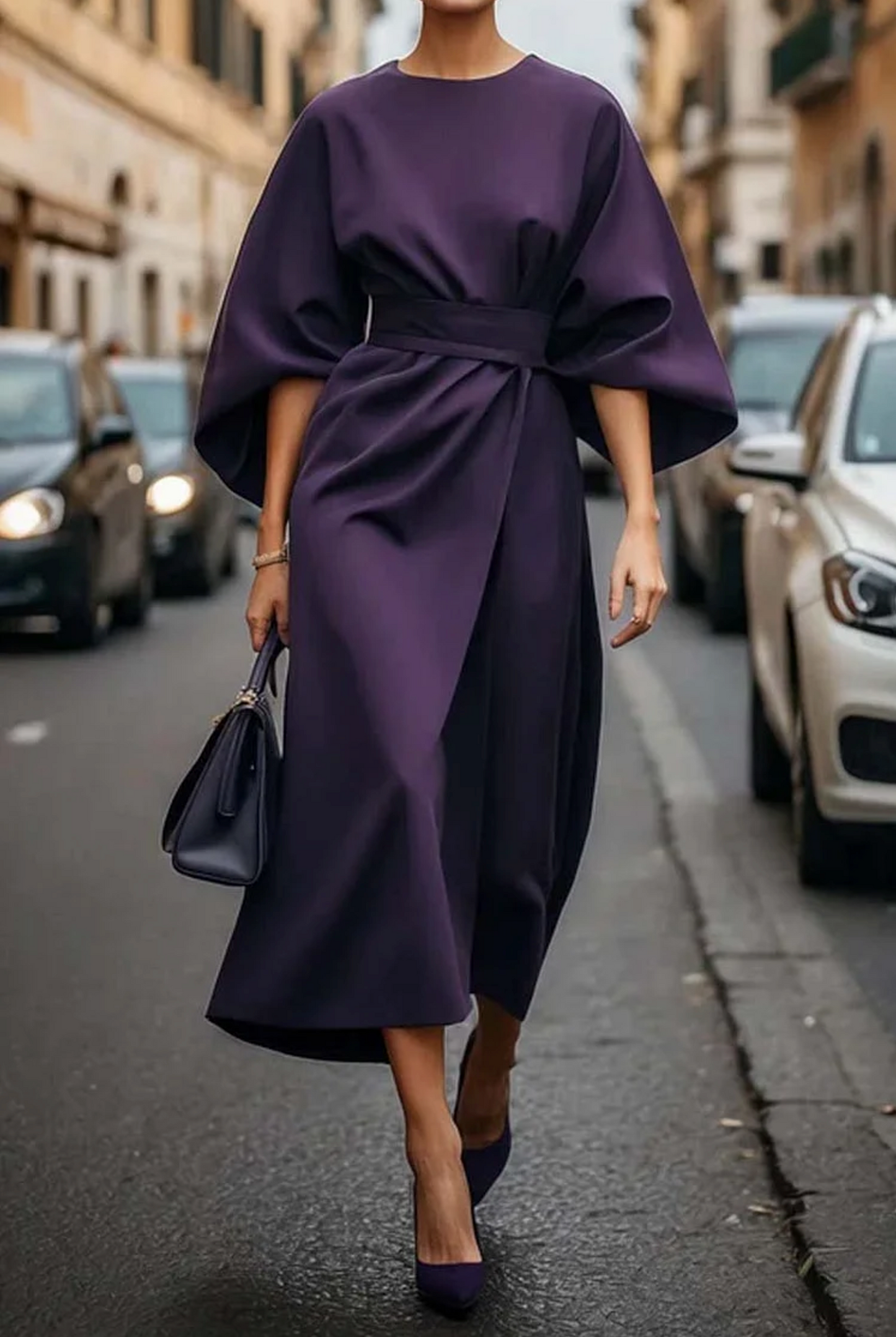 Abito Elegante al Ginocchio con Maniche a Lanterna