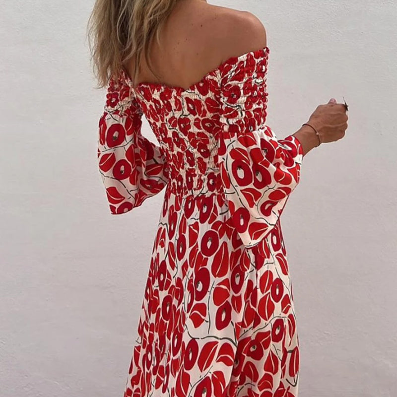 Abito Lungo con Spalle Scoperte e Stampa Floreale – Eleganza e Freschezza Estiva